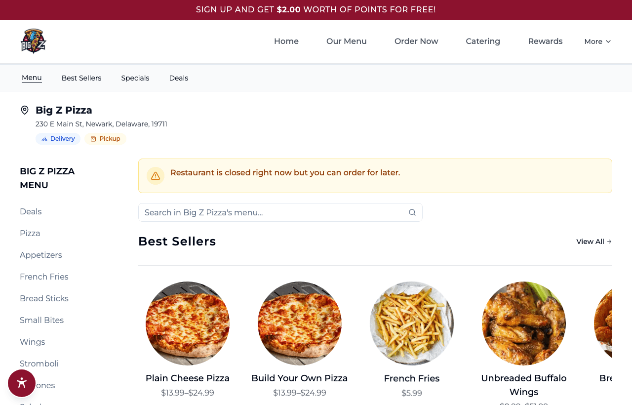 Big Z Pizza's real restaurant website on a MacBook