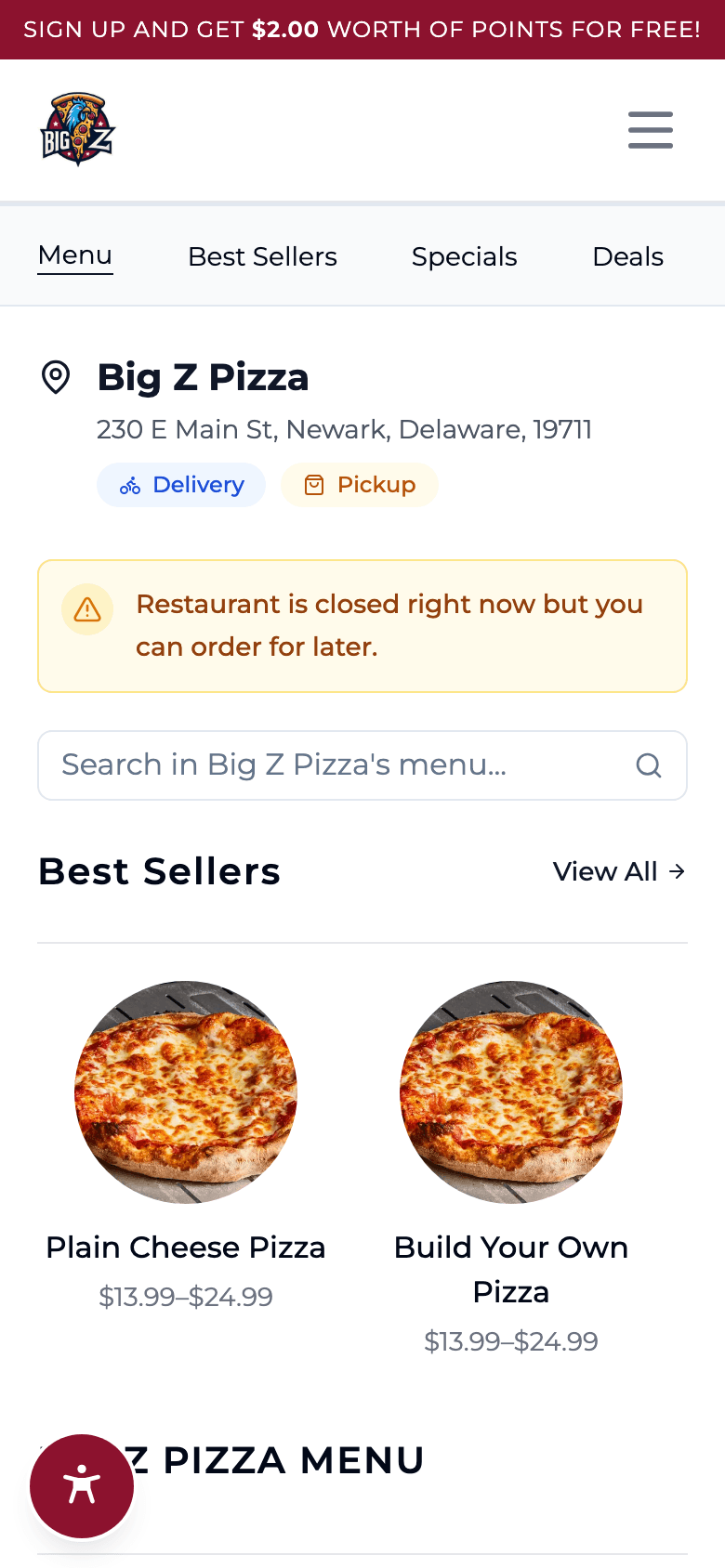 Big Z Pizza's restaurant website on an iPhone