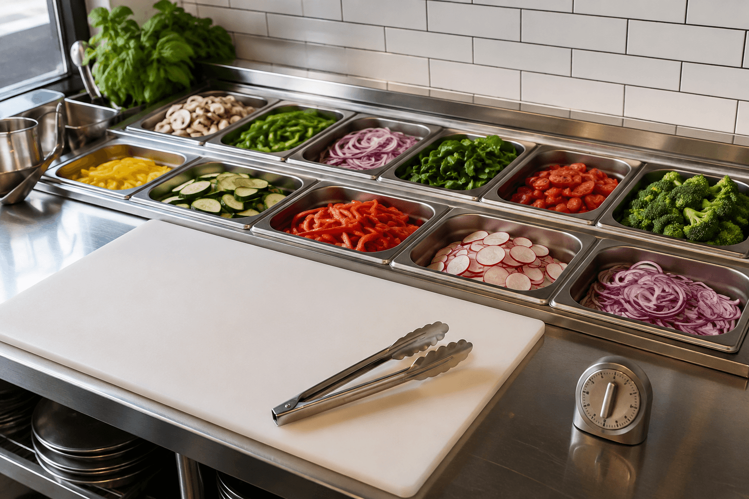 Organized restaurant prep station with fresh ingredients