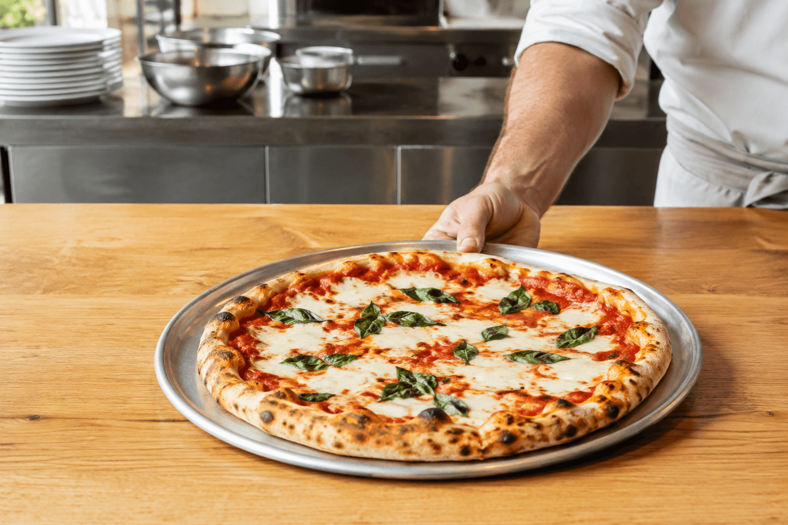 Illustrative pizzeria scene: a pizza coming across the kitchen counter