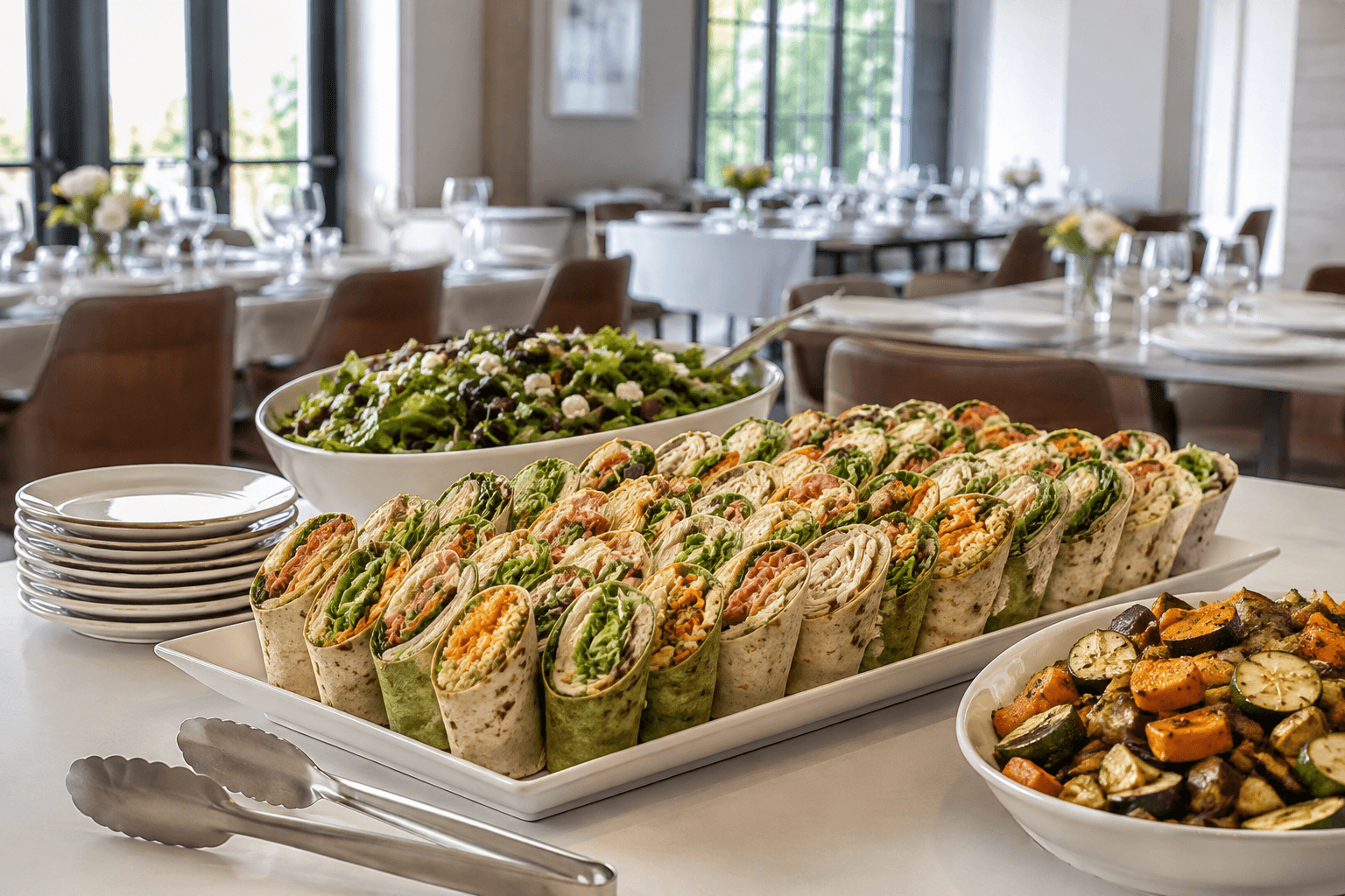 Illustrative catering scene: platters arranged for a restaurant event