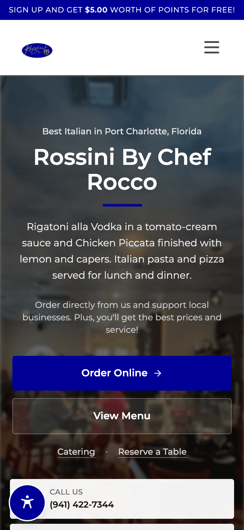Rossini By Chef Rocco's restaurant website on an iPhone
