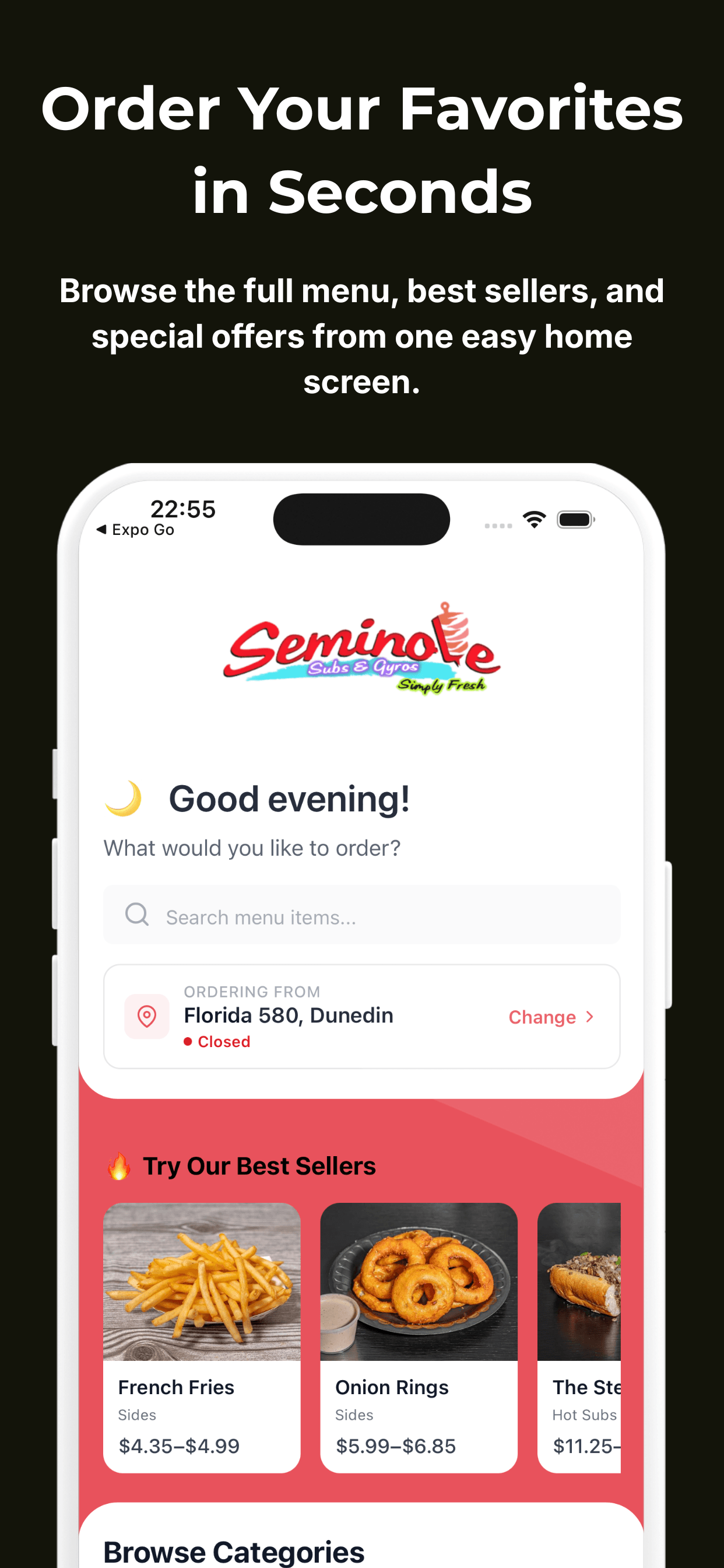 Menu and favorites in the Seminole Subs & Gyros restaurant app