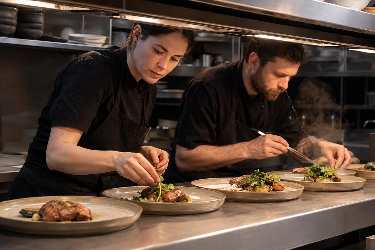 Chefs finishing dishes at a busy restaurant kitchen pass