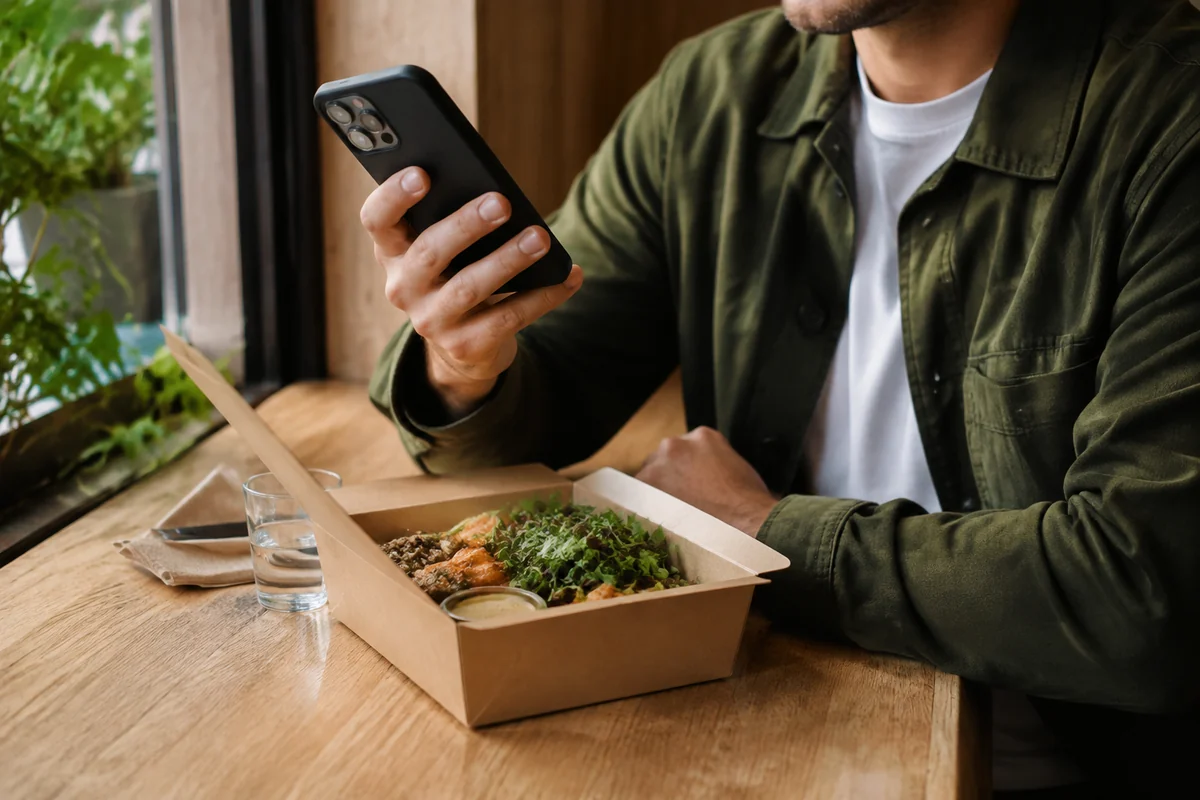 A guest using a phone beside a freshly prepared takeaway meal