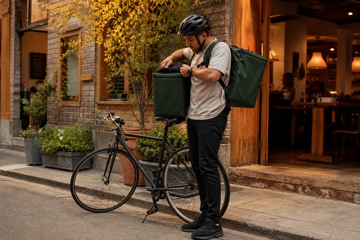 A bicycle courier outside a neighborhood restaurant
