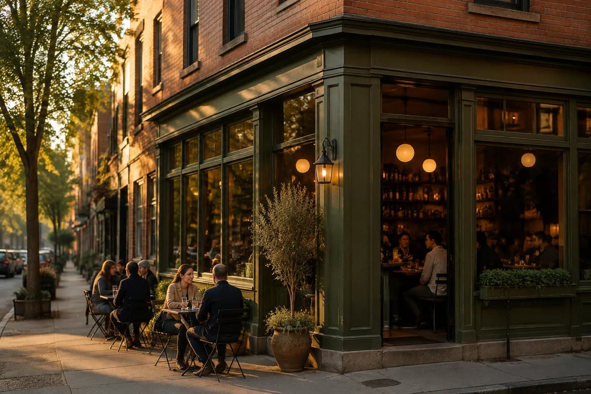 Guests seated outside a neighborhood restaurant at golden hour