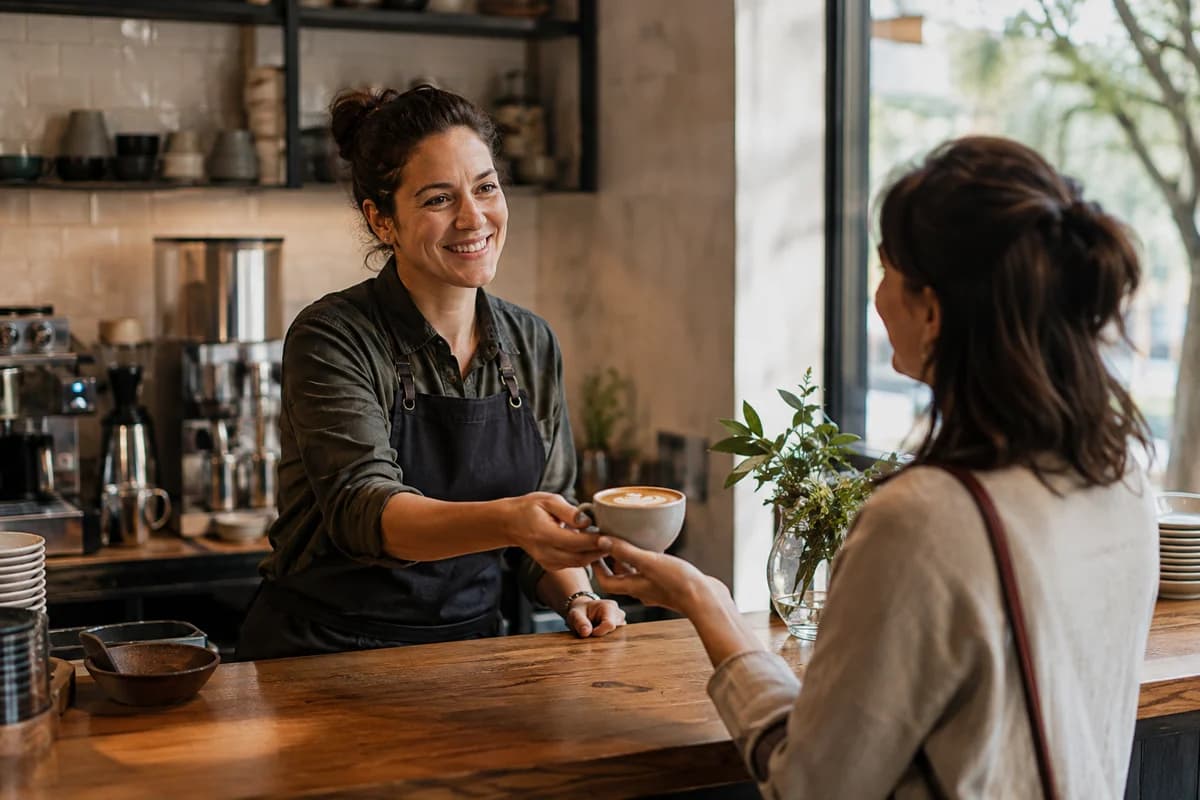 A café owner welcoming a guest with a freshly made coffee