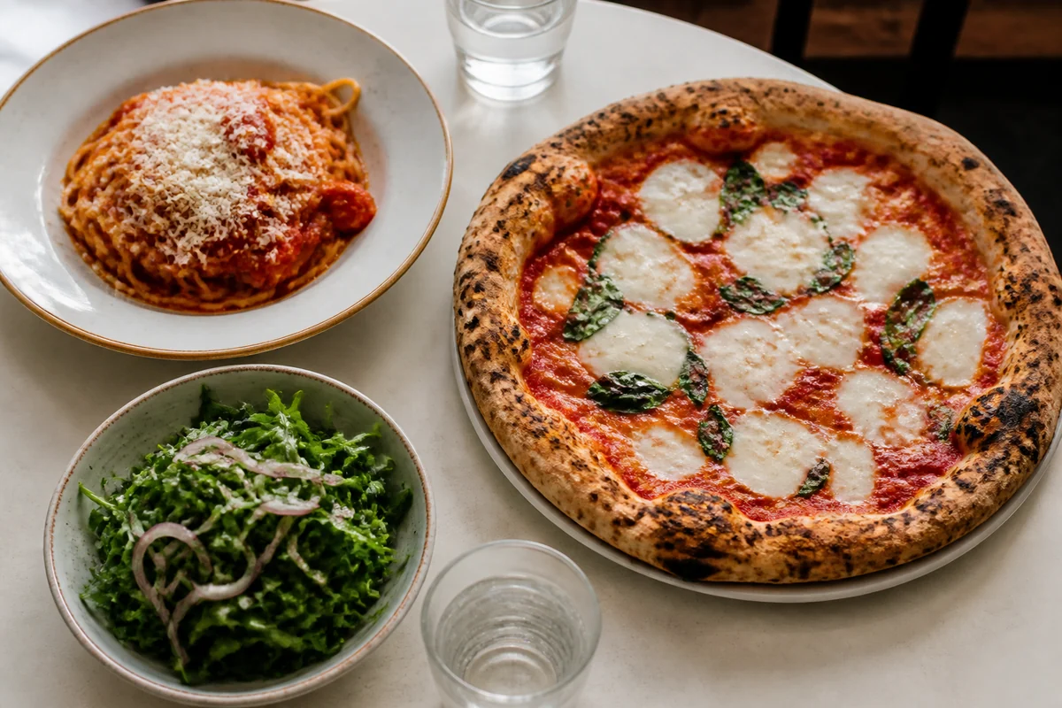 Pizza, pasta and salad served together on a restaurant table