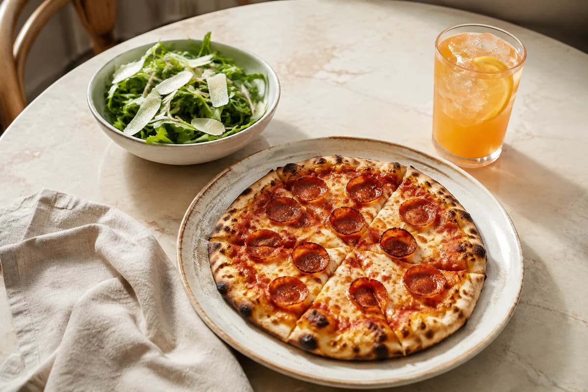 Freshly baked pizza, a green salad and an iced drink ready to enjoy