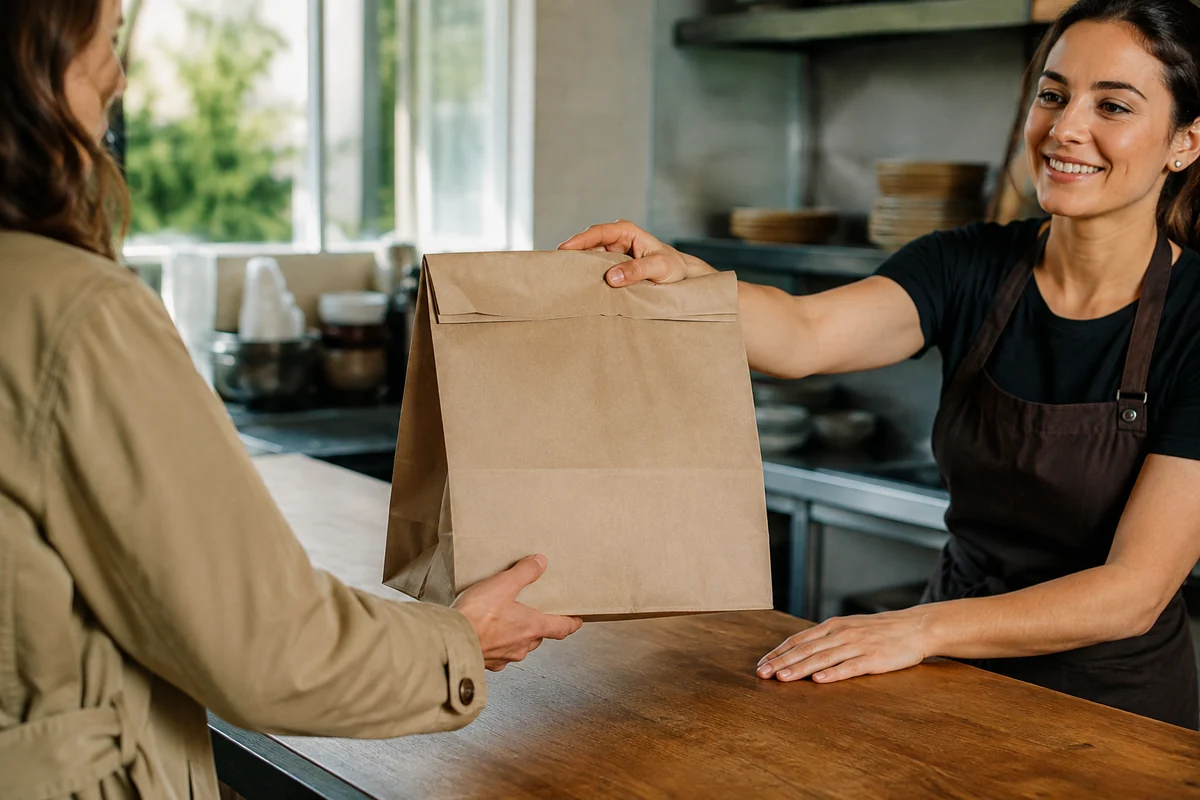 A team member handing a takeaway order to a guest