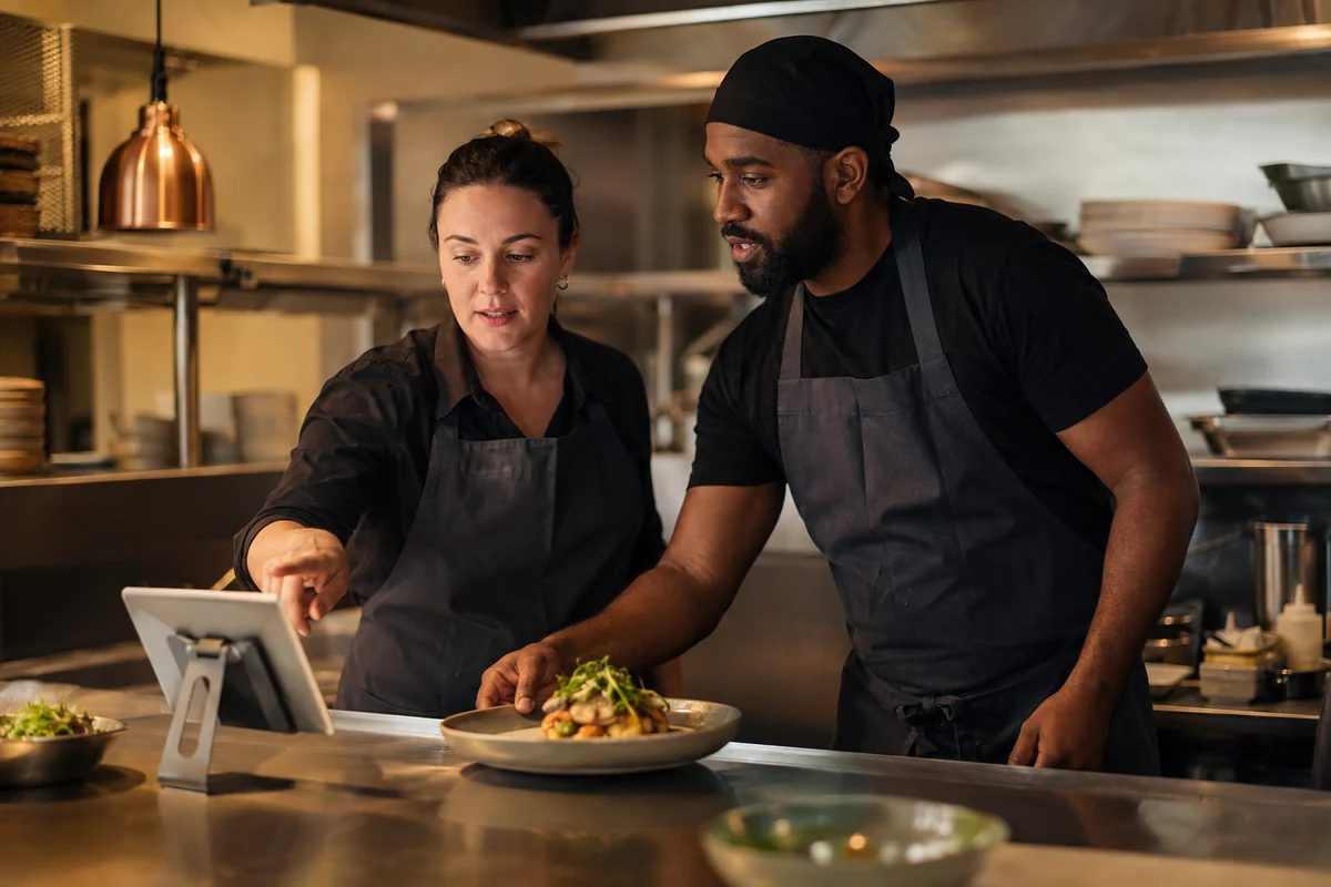 Two restaurant team members reviewing a tablet and preparing an order at the kitchen counter