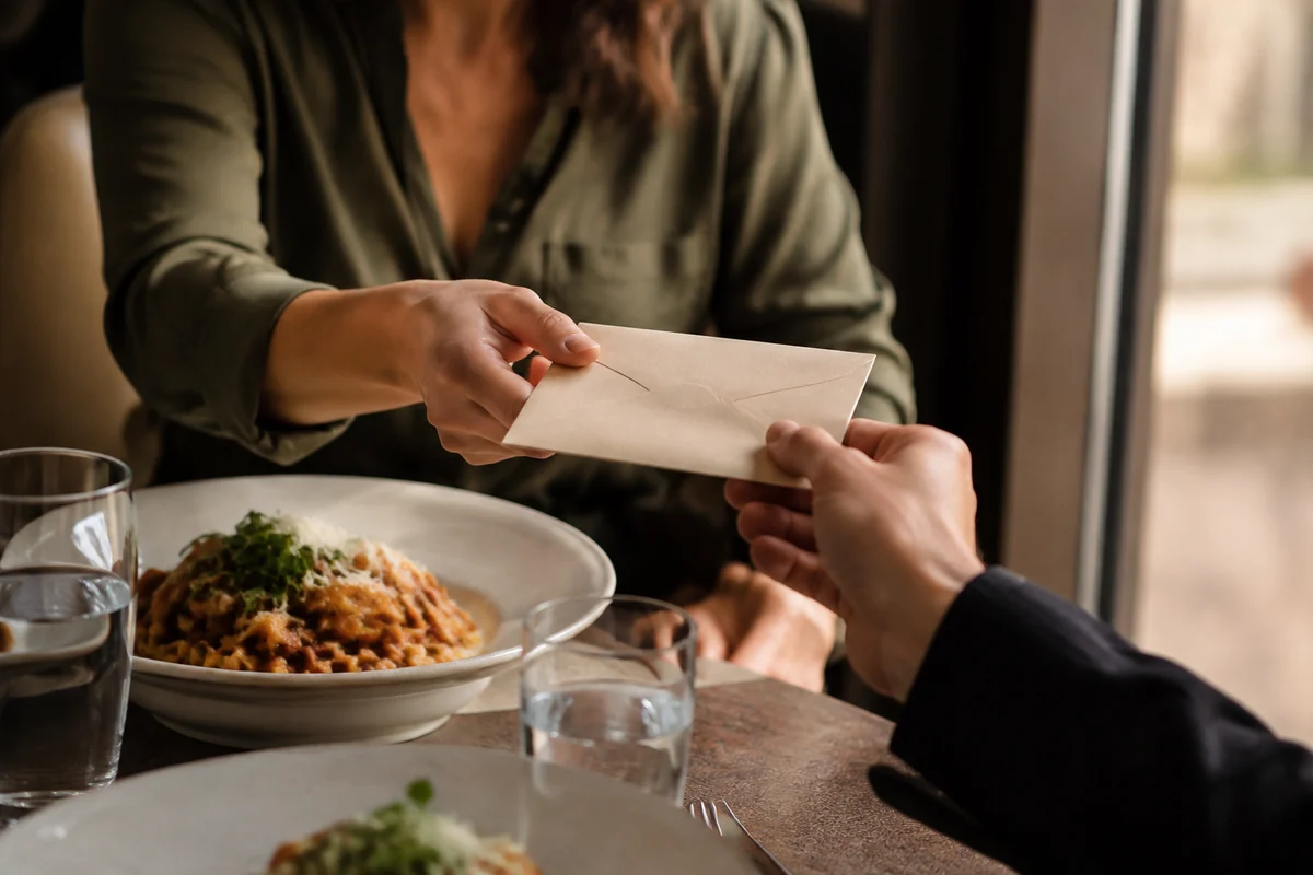 A guest giving a restaurant gift envelope across a dinner table